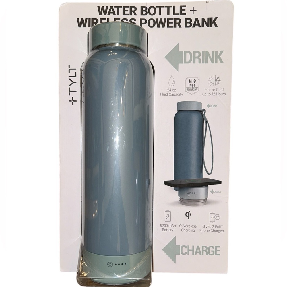 TYLT Water Bottle + Wireless Power Bank Blue